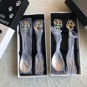NWOT 2 Sets of Adorable panda-themed spoon and fork in Original Box